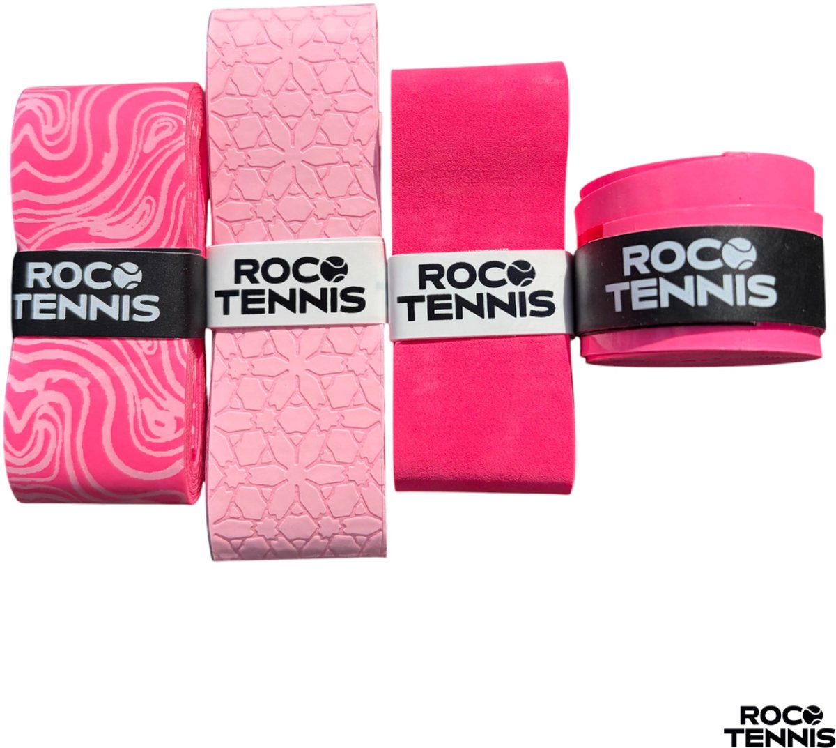 4 stuks | Roco Tennis Overgrips | Antislip | Dry | Zweetabsorberend | Uniek Patroon | Tennis | Padel | Badminton | Squash | Overgrip | Tennisgrips | Soft | Zacht | Roze