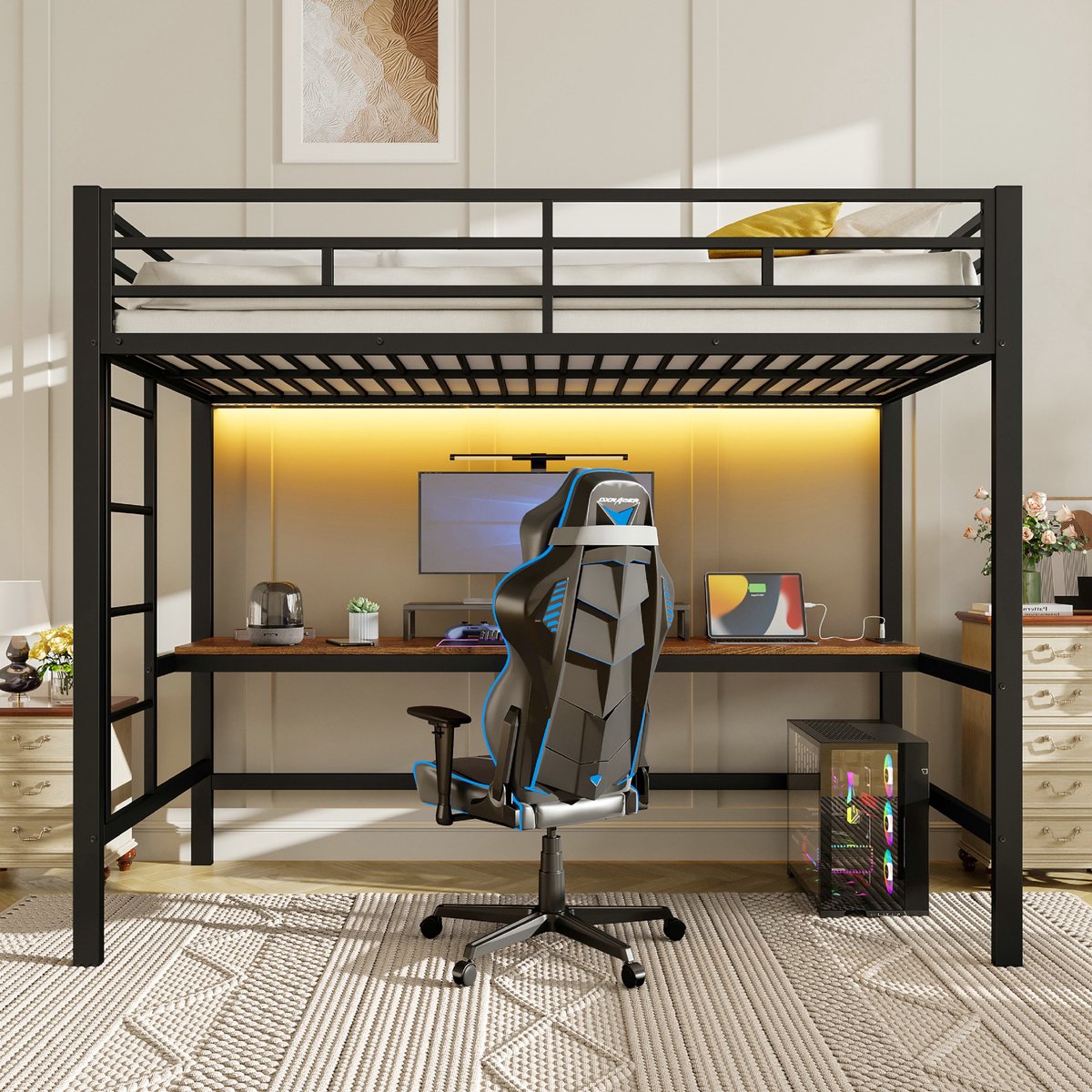 VVBV Hoogslaper met Bureau 90x200 cm - Metalen Kinderbed met LED Verlichting, Stopcontact & USB - Inclusief Trapje - Zwart