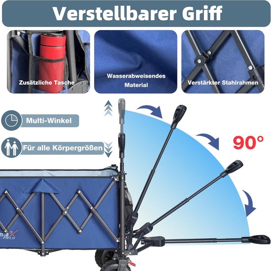 Bolderkar Opvouwbaar - Strandwagen Handkar - Buitenshuis Transport - Met Remmen - 200 Liter - Blauw van Bolderkar Opvouwbaar — afbeelding 5