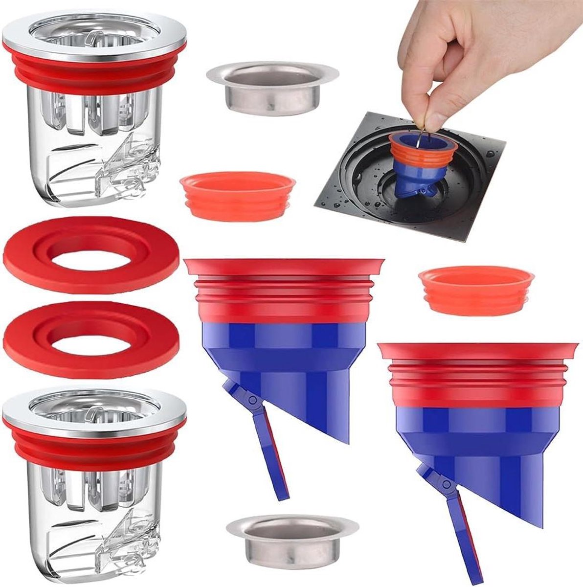 Geurafsluiters Douche - Geurstop Bodemafvoer - Frisse Ruimtes Houden - Universele Pasvorm - 30-53 mm - Rood en Blauw