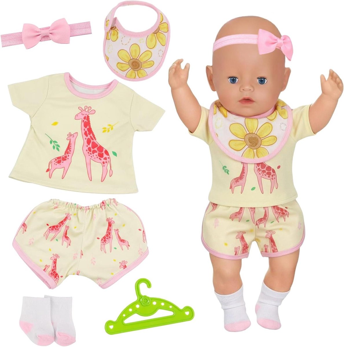 Poppenkleding Giraf - Poppen Outfit Baby - Poppen Aankleden - Zacht Polyester Materiaal - 35-43 cm - Geel