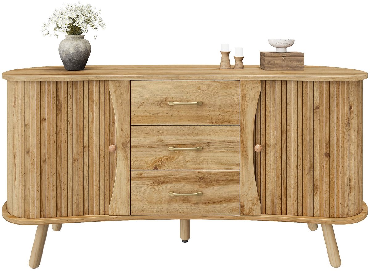 Merax Dressoir Kast 150 cm - Opbergkast met Schuifdeuren en Lades - Houten Kast met Verstelbare Planken en Massief Houten Poten - Scandinavische Stijl