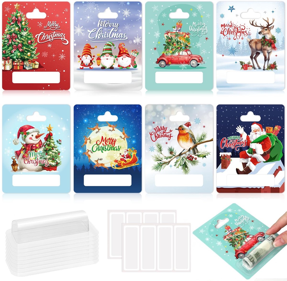 Allecto - Kerstkaarten Set - 3D Geldgeschenken - 8 Stuks - Plastic Cover - Stickers - Creatief Cadeau - Voor de Feestdagen - Multicolor