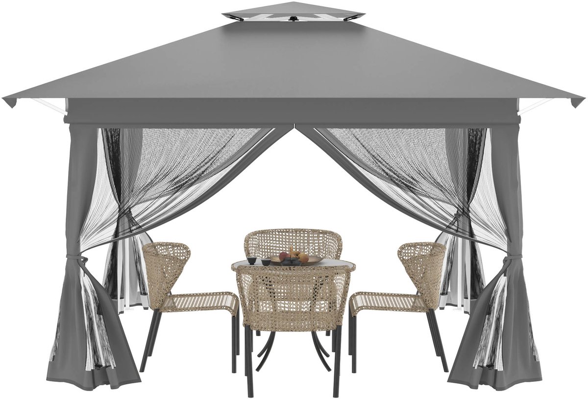 Aufun tuinpaviljoen pop-up – 4x4 m, UV-bestendig, opvouwbaar, 3 hoogtestanden, inclusief 4 muggennet zijwanden en dubbel dak, feesttent met draagtas, grijs