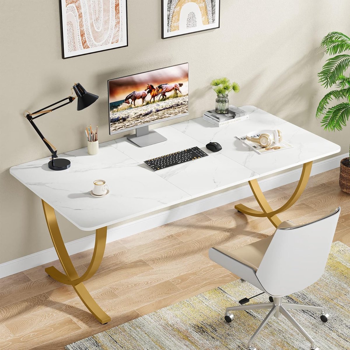 Bureau 160 x 80 cm – modern computertafel met kunstmarmer blad en gouden metalen frame, werktafel / vergadertafel / eettafel voor kantoor en thuiskantoor wit goud – Dader