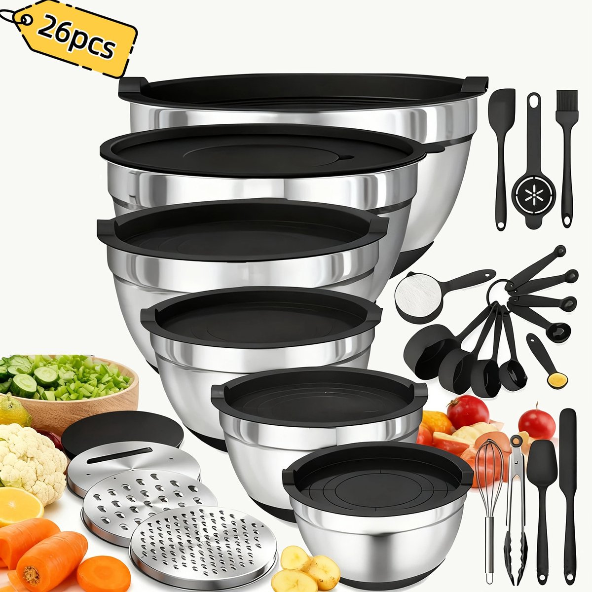 26-delige Saladekommen met Deksel, 6 Roestvrijstalen Mengkommen, 3 Mengmes Hulpstukken, 17 Praktische Keukengereedschappen, Antislip, Roestbestendige Keuken Gadgets voor Salades & Meer