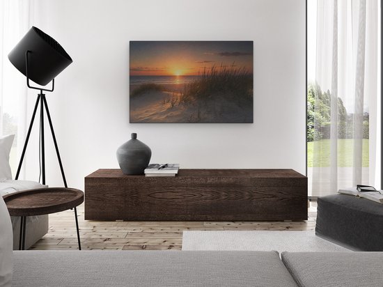 Artaza Canvas Schilderij Zonsondergang Strand - Duinen En Hoog Gras - 120x80 cm - Groot - Wanddecoratie Woonkamer - Schilderijen - Muurdecoratie
