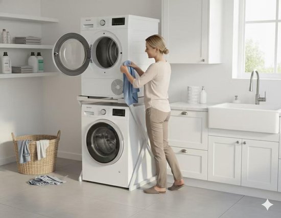 Een vrouw laadt wasgoed in een droger die boven op een wasmachine staat, op een wit wasmachine-opbouwmeubel.