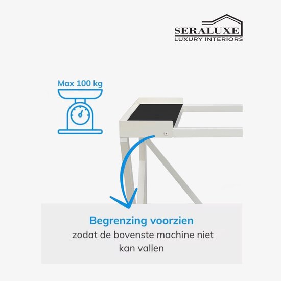 Illustratie van het witte wasmachine-opbouwmeubel met een weegschaal en tekst over beperking.