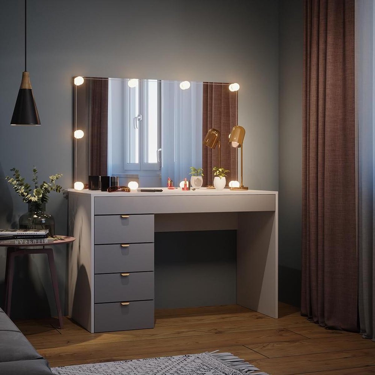 Kaptafel met LED-verlichting - Make-uptafel Cosmetica station - Make-up aanbrengen - Veelzijdige opbergruimte - 115 cm breed - Wit grijs
