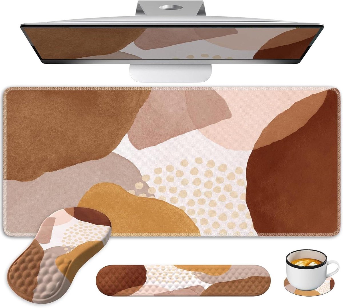 Bureau Accessoires Set - Muismat Toetsenbordmat - Comfortabel Werken - Ergonomisch Traagschuim - XXL 4 Stuks - Boho Bruin