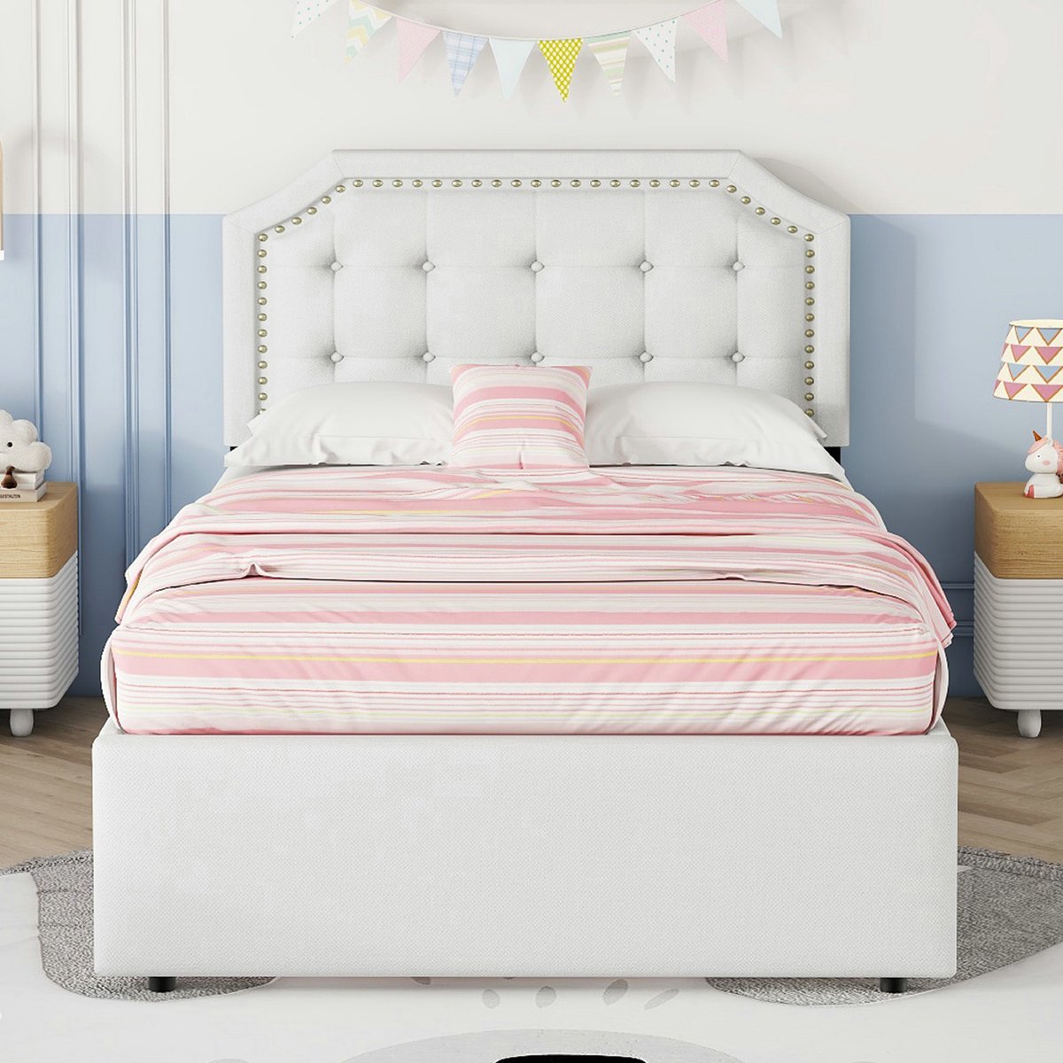 VVBV Eenpersoonsbed 90x200 / Opbergbed – met Opbergruimte, Lades, Lattenbodem – MDF – Beige – met 2 Lades en Nachtkastjes – Siernagels
