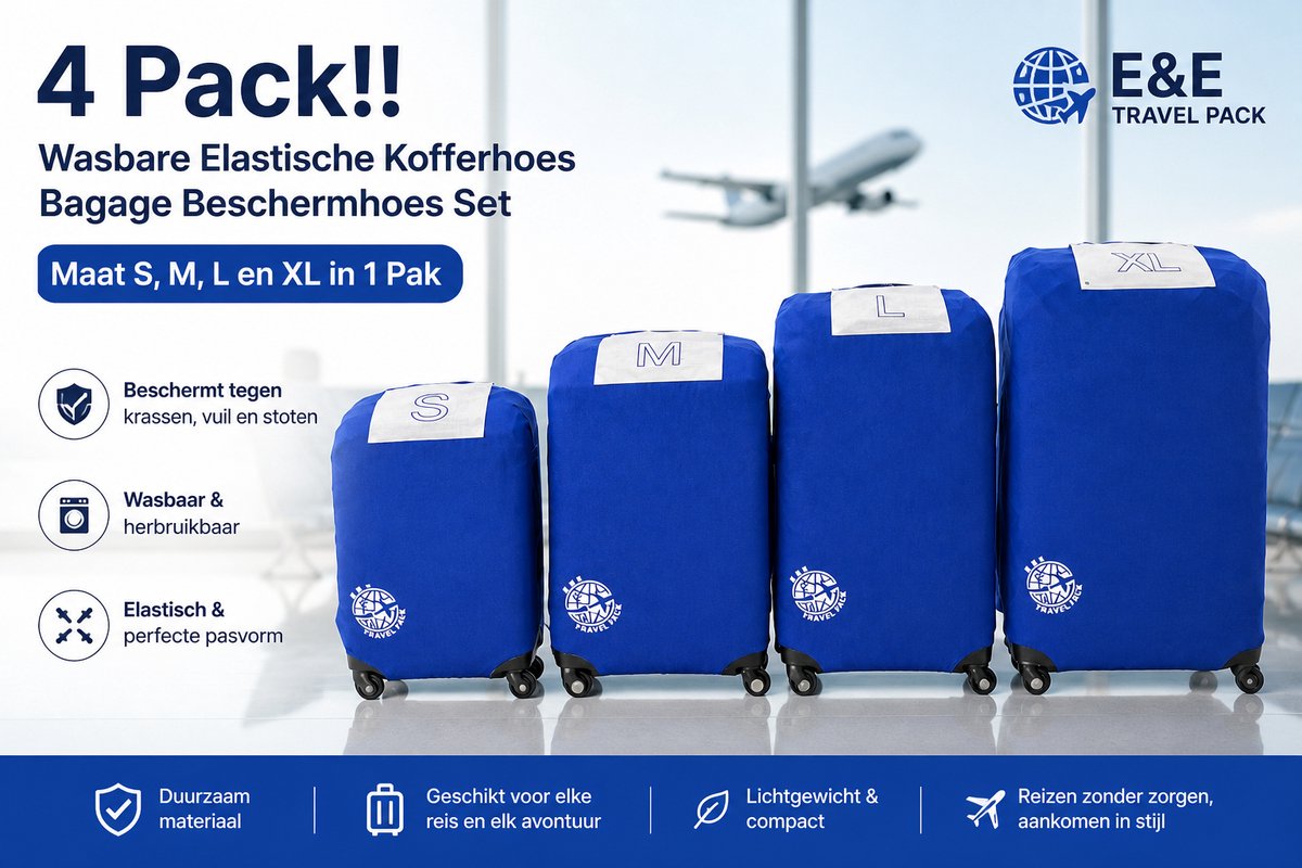 4 Pack!! Wasbare Elastische Kofferhoes Bagage Beschermhoes Set Maat S,M,L en XL in 1 Pak-E&E Travel Pack-Reis kofferhoes, Protector Cover Kofferhoes, bagagehoes,vakantie, reizen, koffer (20-32 inch), vliegentuig Travel Pack/ROOD/BLAUW/ZWART