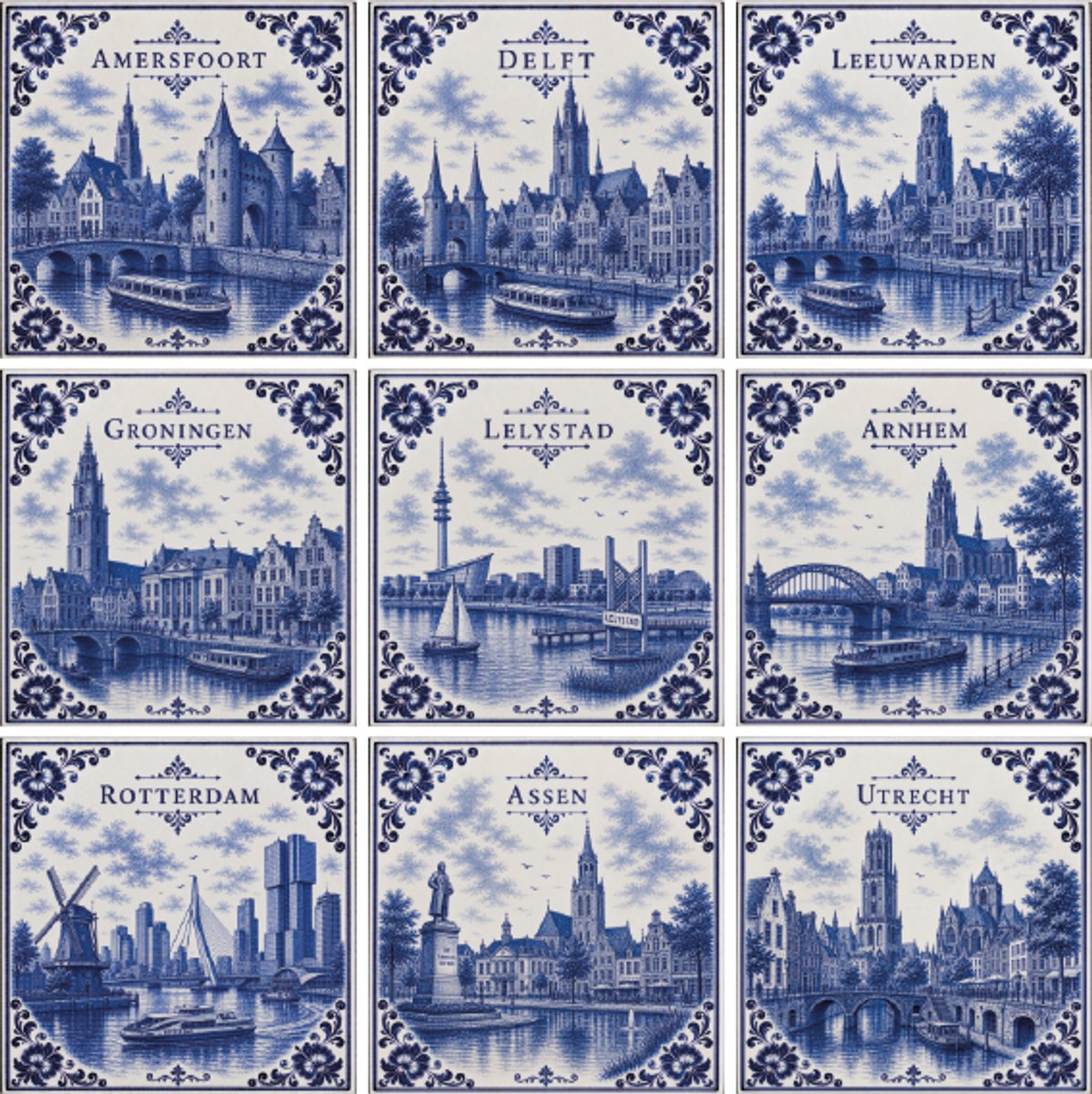 Tegelstickers Delfts Blauw Nederlandse steden 2 (9 stickers ) - 15cm x 20cm - backsplash - peel and stick - plakfolie - voor badkamer, keuken of toilet - zelfklevend