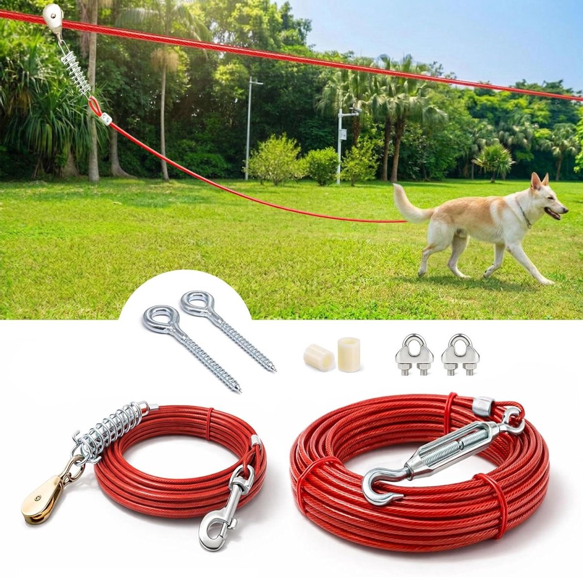 Honden Uittrek Trolley - Hondenlijn Kabel - Buiten Spelen - Schokabsorberende Veer - 30 Meter - Rood