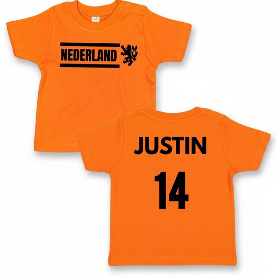 Oranje baby T-shirt gepersonaliseerd met naam en rugnummer - 0-3 maanden - Nederlands elftal - wk voetbal -