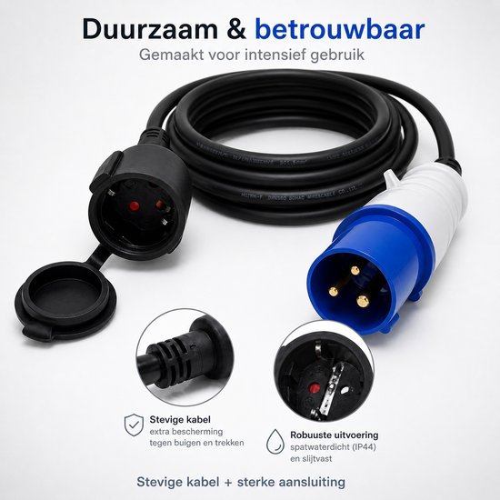 Zwarte kabel met stevige blauw/witte CEE-stekker en zwarte adapter. Robuuste uitvoering, spatwaterdicht (IP44).