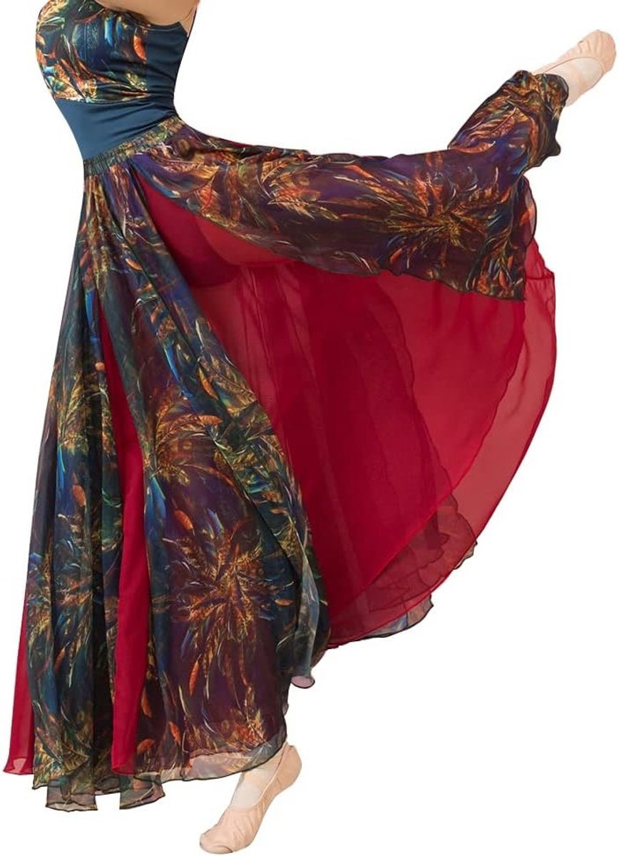 Geprinte Buikdansrok voor Vrouwen - 360 Graden Buikdans Kostuum, Lange Rode Maxi Rok voor Buikdansen, Elegante Dansoutfit voor Volwassenen