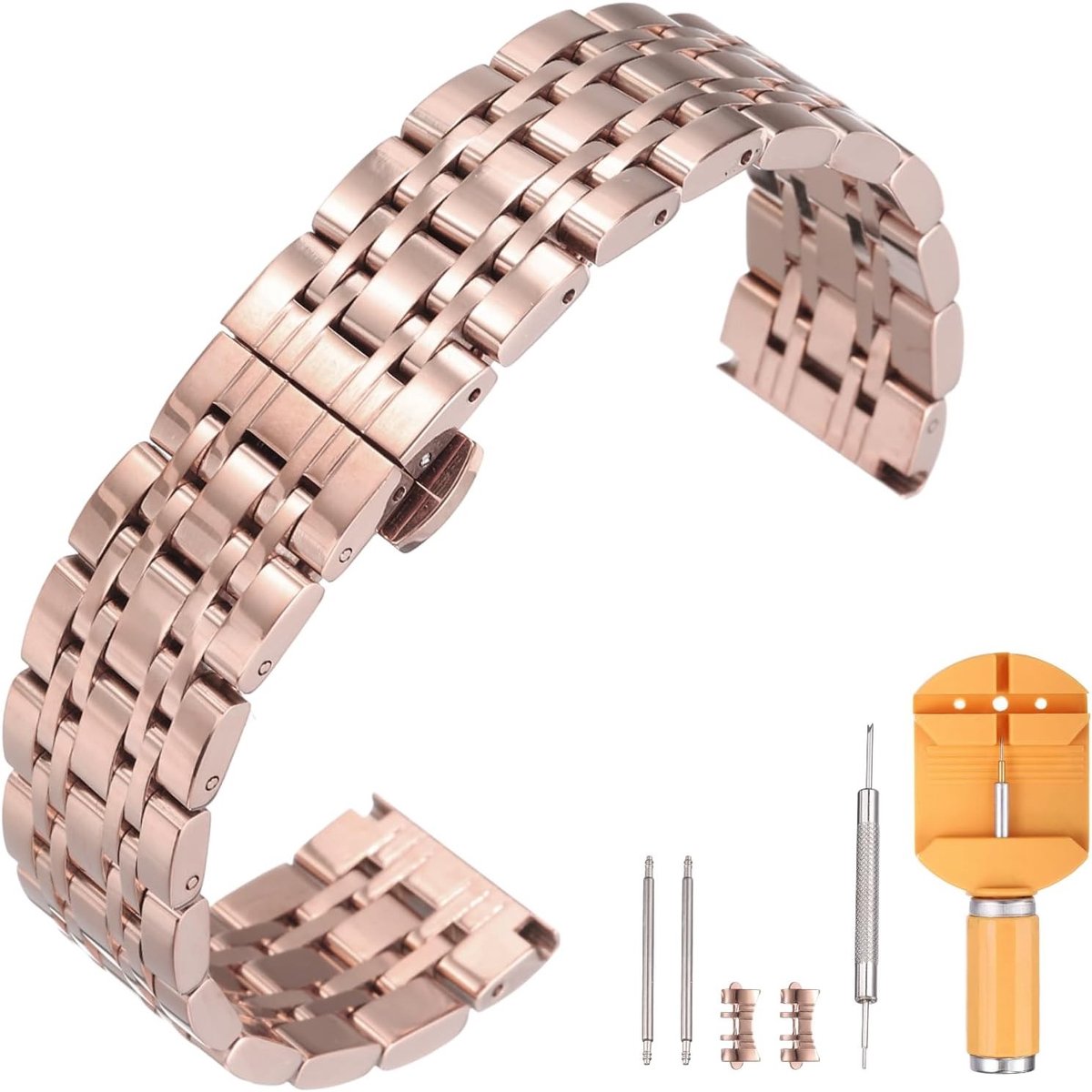 Horlogeband van roestvrij staal 20 mm met snelsluiting, vlindergesp en verwijderingsgereedschap voor heren en dames in roségoud, duurzaam en stijlvol