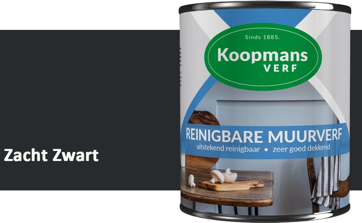 Koopmans Reinigbare Muurverf – Afwasbare Schrobvaste Muurverf Binnen – Mat – Voor Keuken, Woonkamer & Kinderkamer – Zacht Zwart – 1 l