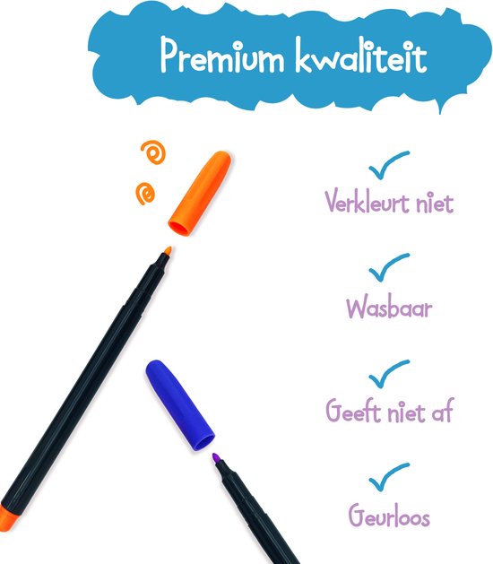 Twee stoffen pennen, een open oranje met punt, een open blauwe met punt. Tekst 'Premium kwaliteit' en vier vinkjes.