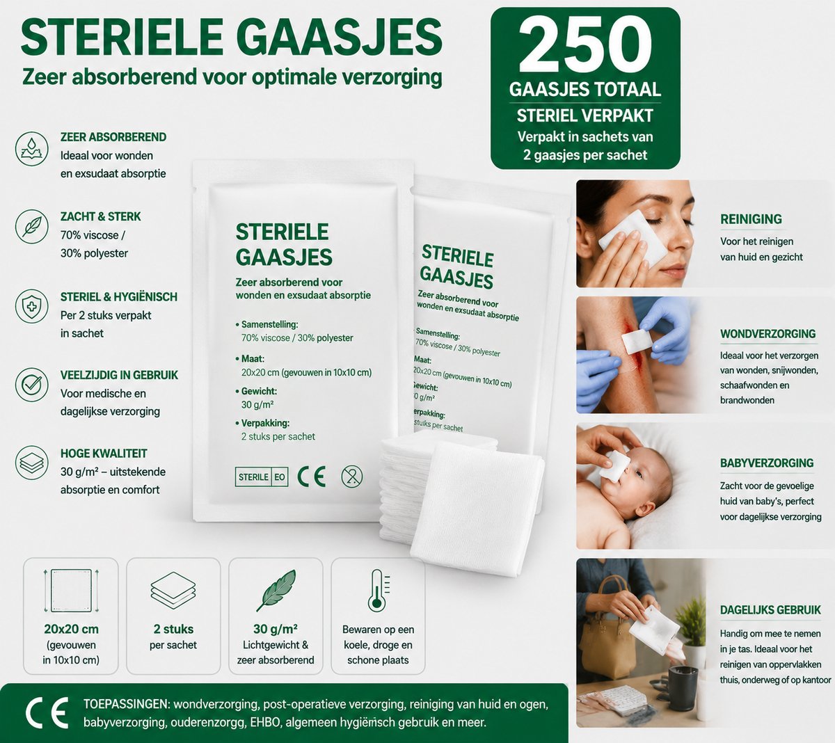 350 steriele gaasjes - gaas kompressen – 20x20 gevouwen in 10x10 cm - non woven - desinfectie of sterilisatie Verpakt in enveloppen van 2 stuks per envelop