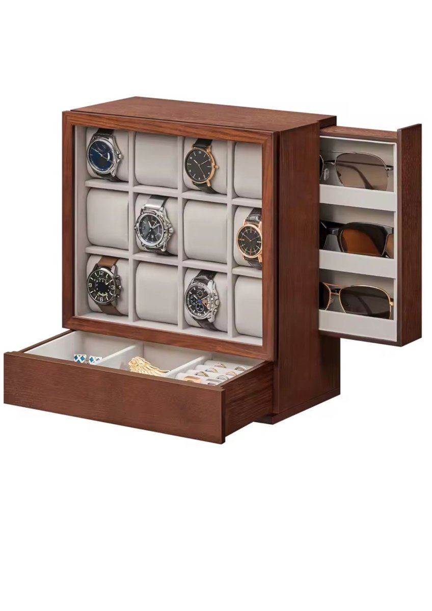 Bregico Horloge doos - Horlogedoos - Horloge Houder - Horloge Box - Fluwelen Voering - 12 Horloges - Zonnebril Vak - Bruin