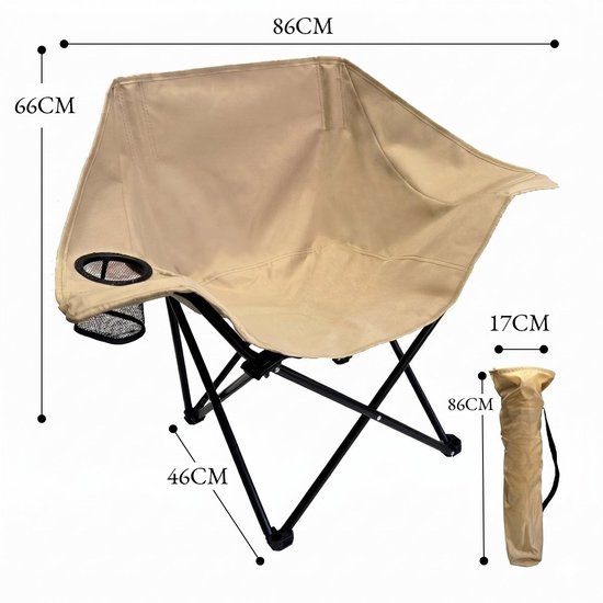 Lichtgewicht Campingstoel beige - Opvouwbaar kampeerstoel Met bekerhouder - Maanstoel - Festivalstoel - Vouwstoel - Strandstoel - Lichtgewicht Visstoel - opvouwbare maanstoel met draagtas - Draagvermogen tot 150 kg - 600D Oxford Klapstoel — afbeelding 2