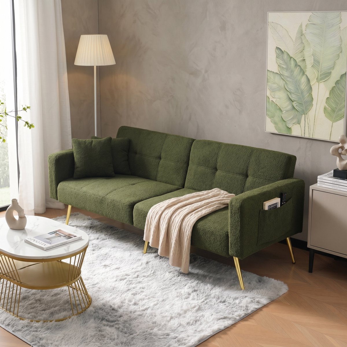 Slaapbank 2 Persoons - Slaapbanken - Sofa - Logeerbed - Verstelbare rugleuning - Gouden poten - met rugleuning - met armleuningen - zijvakken - Groen