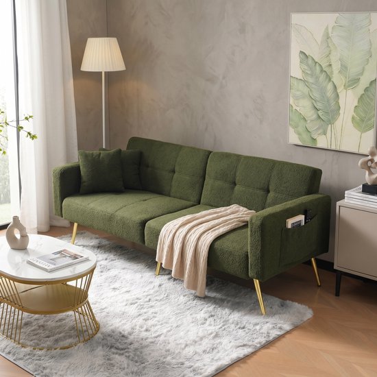 Slaapbank 2 Persoons - Slaapbanken - Sofa - Logeerbed - Verstelbare rugleuning - Gouden poten - met rugleuning - met armleuningen - zijvakken - Groen