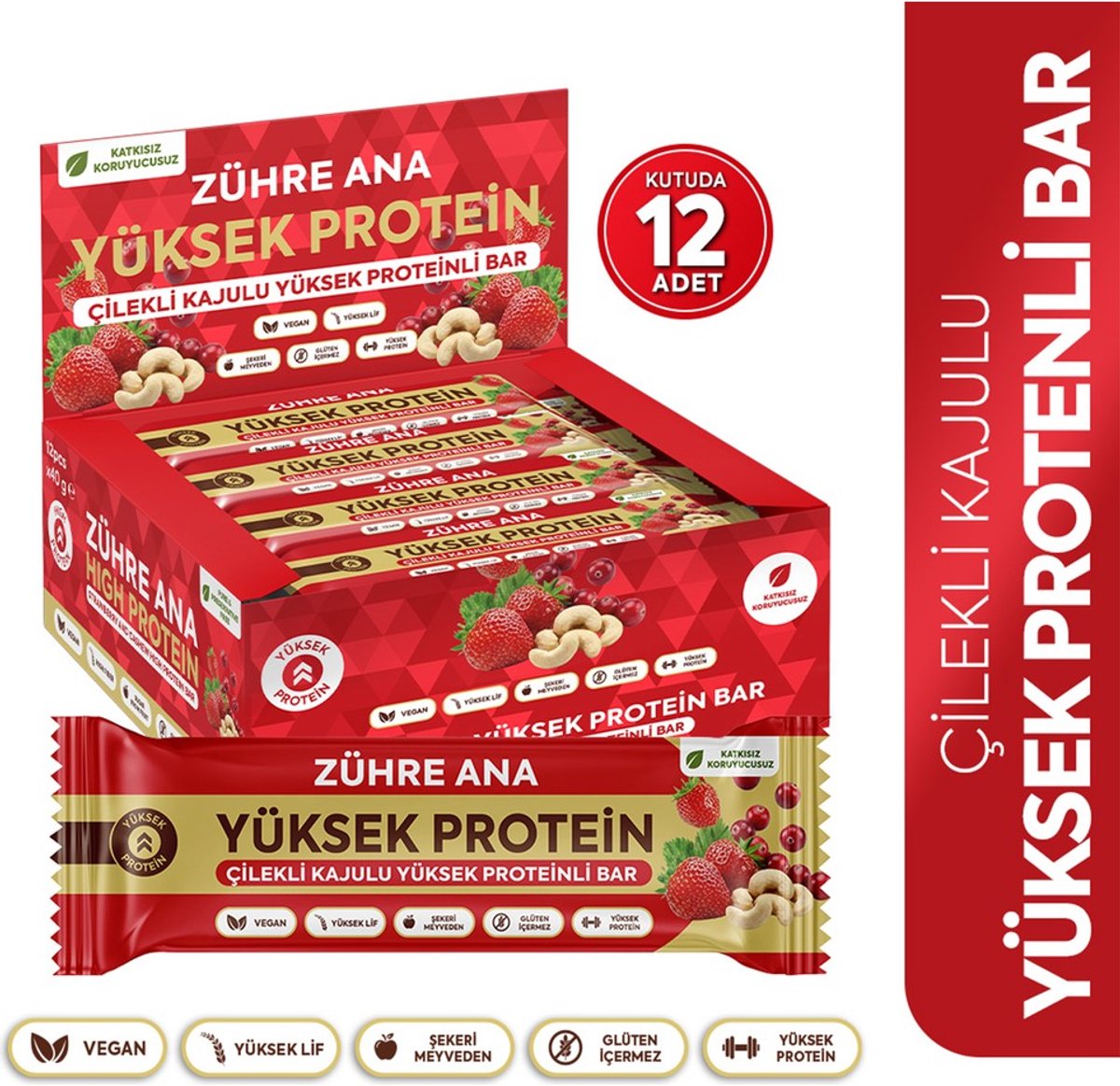 Zühre Ana Aardbei & Cashew Hoog-Proteïne Reep 40 gr – 12-pack | Vegan, Glutenvrij, Zonder Toegevoegde Suikers