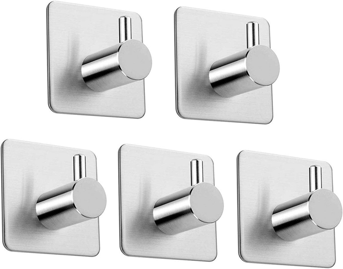 TOVBMUP Handdoekhaak - RVS zelfklevende haak - Badkamer- en keukenhaak - Geen boren Handdoekrek - Wandhaak - Zelfklevend - Voor badkamer en keuken - Zilver - 5 stuks