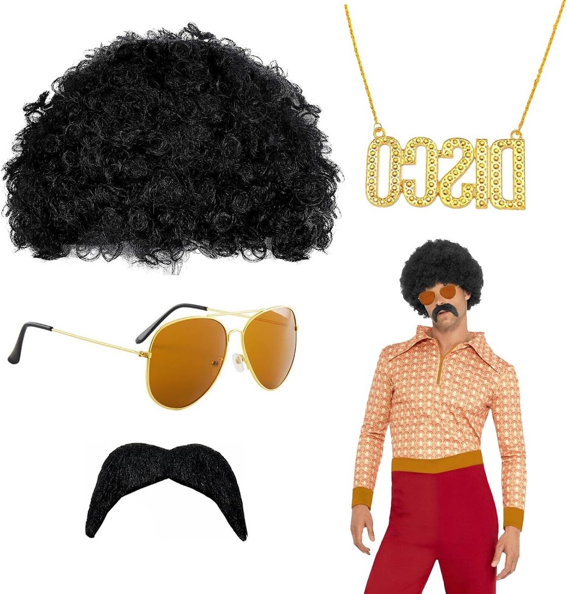 Hippie Kostuum Set voor Mannen met Afro Perk, Neushaar, Zonnebril en Ketting voor Halloween en Feestjes - 4 Delen