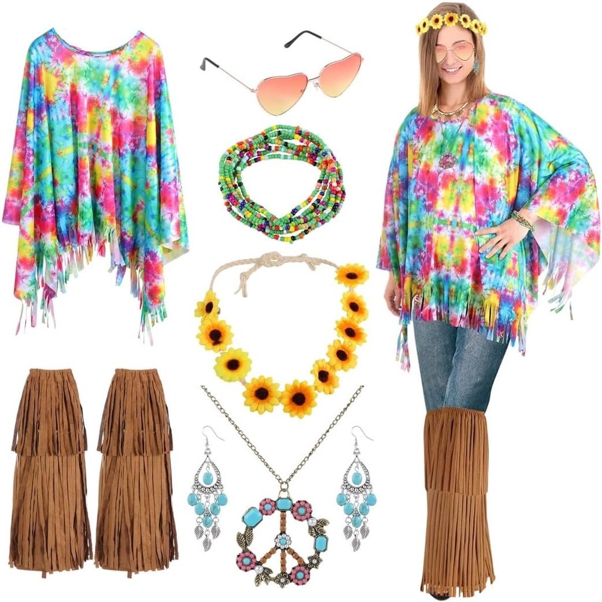 Hippie Kostuum Accessoires Set voor Vrouwen - 7-delige Outfit Kit met Tie Dye Poncho, Fringed Boot Covers, Vredesteken Ketting, Turquoise Oorbellen en Zonnebril voor 60s en 70s Themafeesten