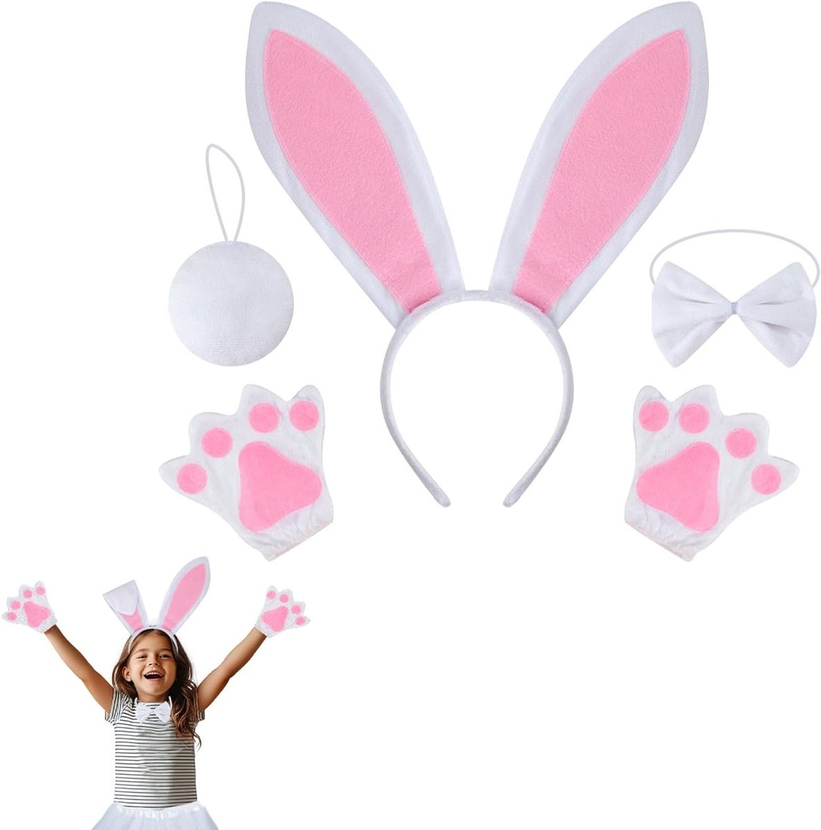 Bunny Oren Kostuum Set voor Vrouwen, 4 Stukken, Hoofdband met Strik, Poot Handschoenen, Perfect voor Carnaval, Pasen en Cosplay Feesten