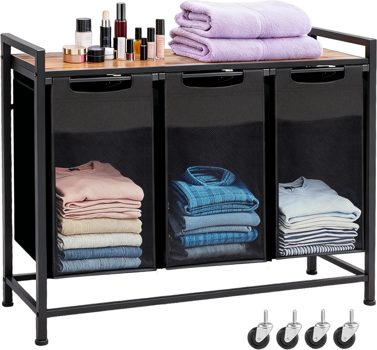 Drievoudige Wasmand 114L – 3 Wasmanden Naast Elkaar Met Metalen Frame en Opbergplank 93×33×72 cm – Wasgoed Organizer