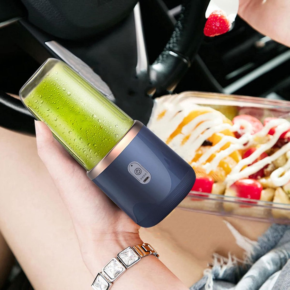 HORCONDORM S.R.L. Elektrische mini-blender, 300 ml, draagbare blender, sapbeker, fles, fruitmixer, 1200 mAh, USB-oplaadbaar, met deksel, 6 messen voor het malen van het (blauw, 6 messen, deksel) thumbnail 5