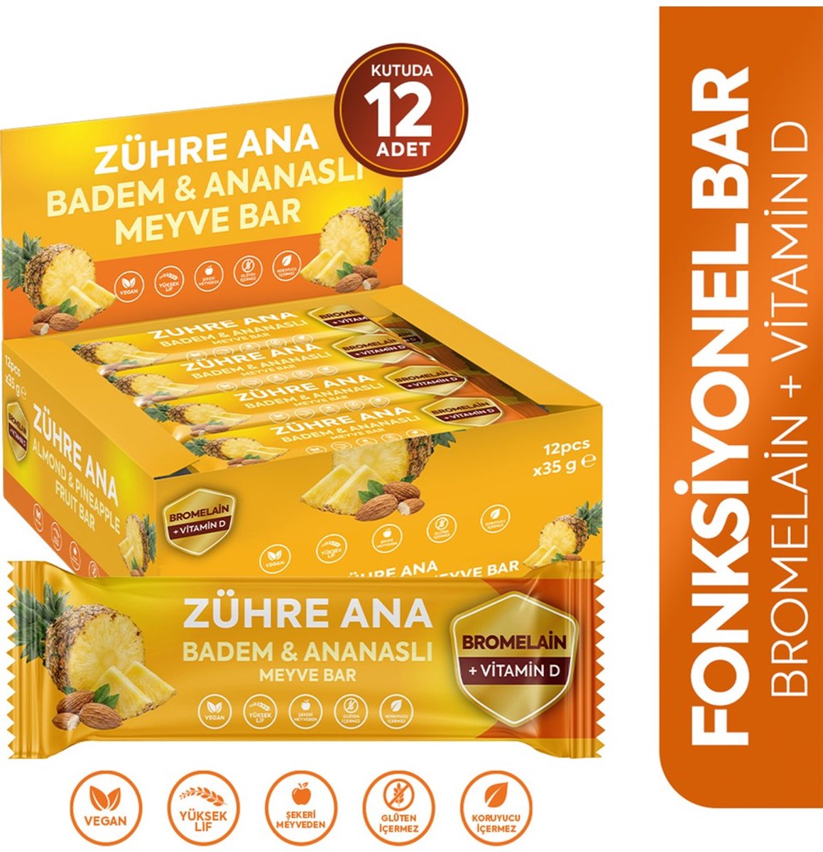 Zühre Ana Ananas & Amandel Fruitreep met Bromelaïne & Vitamine D 35 gr – 12-pack | Vegan, Glutenvrij, Zonder Toegevoegde Suikers