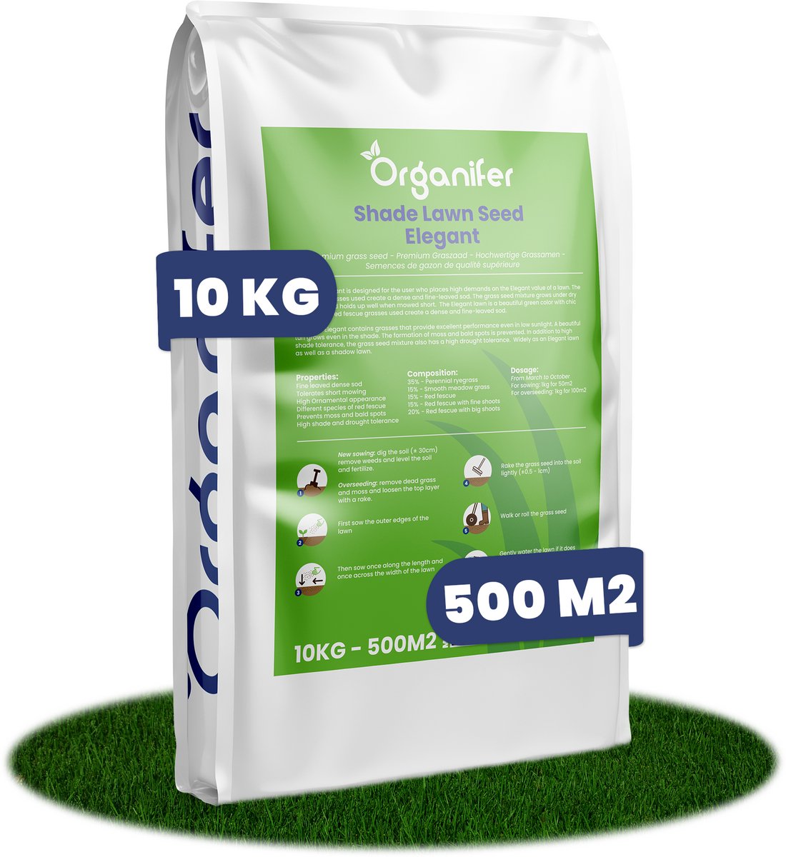 Schaduwgazon Graszaad (10kg - 500m2) - Graszaad Schaduw - Graszaad Snelkiemend - Organifer Elegant - Schaduw Graszaad - NAK Gecertificeerd - Zeer hoge schaduw en droogte tolerantie - Ideaal voor Aanleg & Herstel in Schaduw