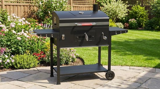 Houtskool BBQ Grillwagen XXL met Smoker en Deksel - House&Garden RVS Barbecue Grill met Thermometer, Gietijzeren Grillrooster, Warmhoudrek, Verstelbare Kolenplaat, Spiesen Set en Opbergplanken - Buiten BBQ voor Tuin, Camping en Outdoor Koken — afbeelding 4