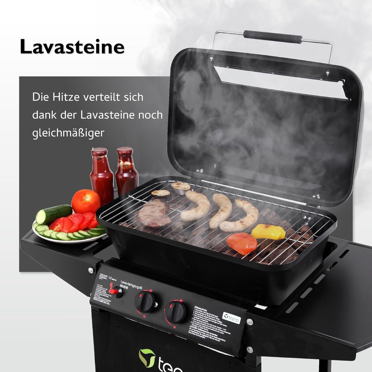 Gasbarbecue Grillwagen met Lavasteen – 2 Branders 6,1 kW – 50x31 cm Grilloppervlak – Piëzo Ontsteking – Deksel met Kijkvenster – Zijtafels – Verrijdbaar Outdoor BBQ – Zwart – House&Garden