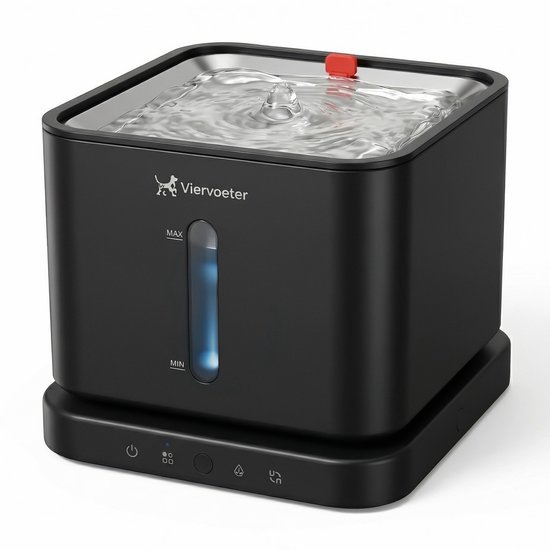 Zwarte vierkante drinkfontein met een rood dopje bovenop en een waterniveauindicator aan de voorzijde.