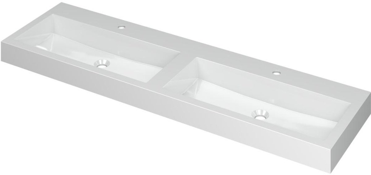 INK Momento Wastafel Polystone Dubbel met 2 Kraangaten - 1600x450x90 mm - Glans Wit