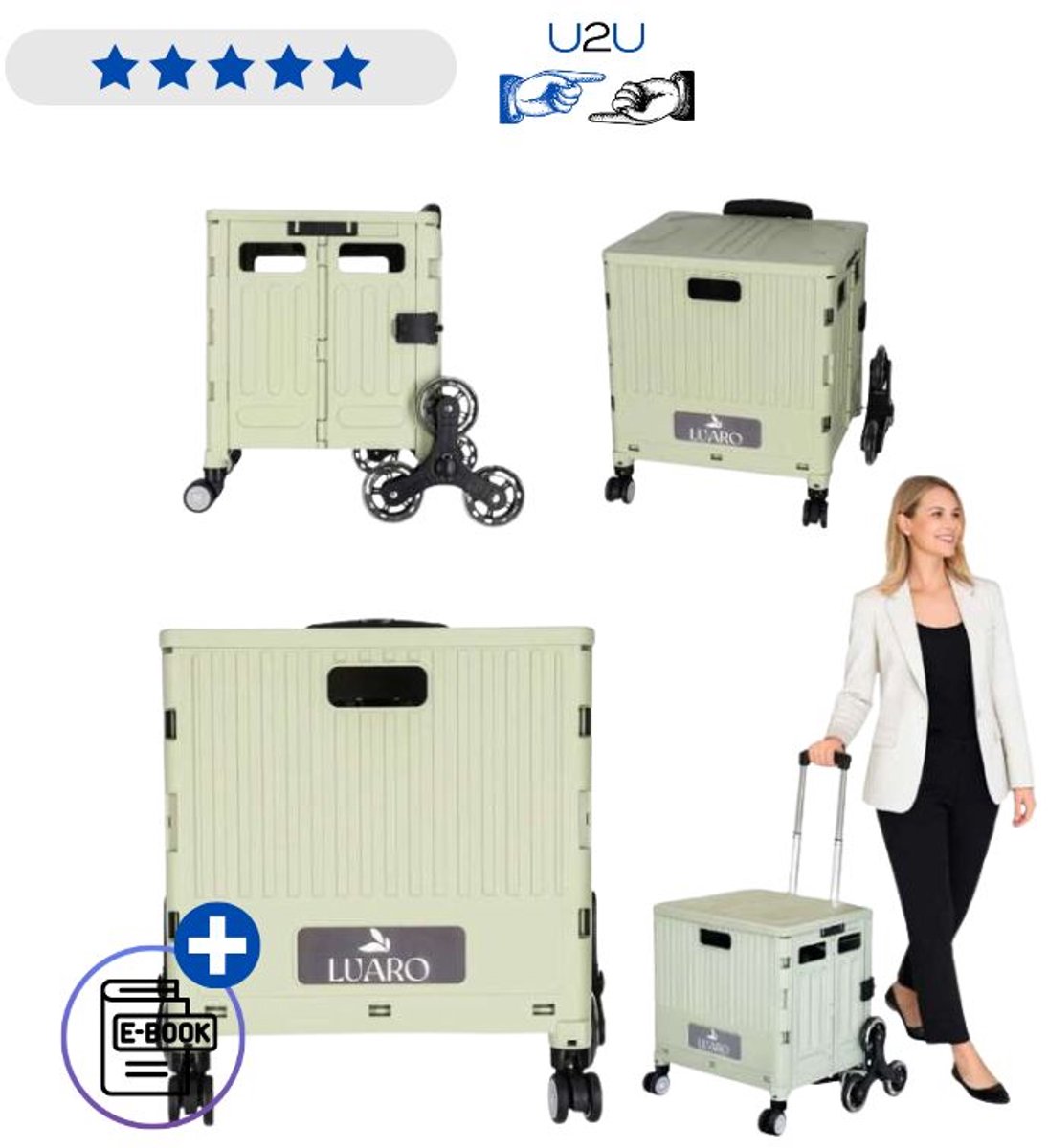 LUARO Opvouwbare Boodschappentrolley Met 8 Wielen – Winkelwagen Met Traploopfunctie Deksel En Verstelbare Handgreep 32L Transportkar Inklapbaar Tot 45 Kg Voor Boodschappen Camping En Dagelijks Gebruik Met Ebook