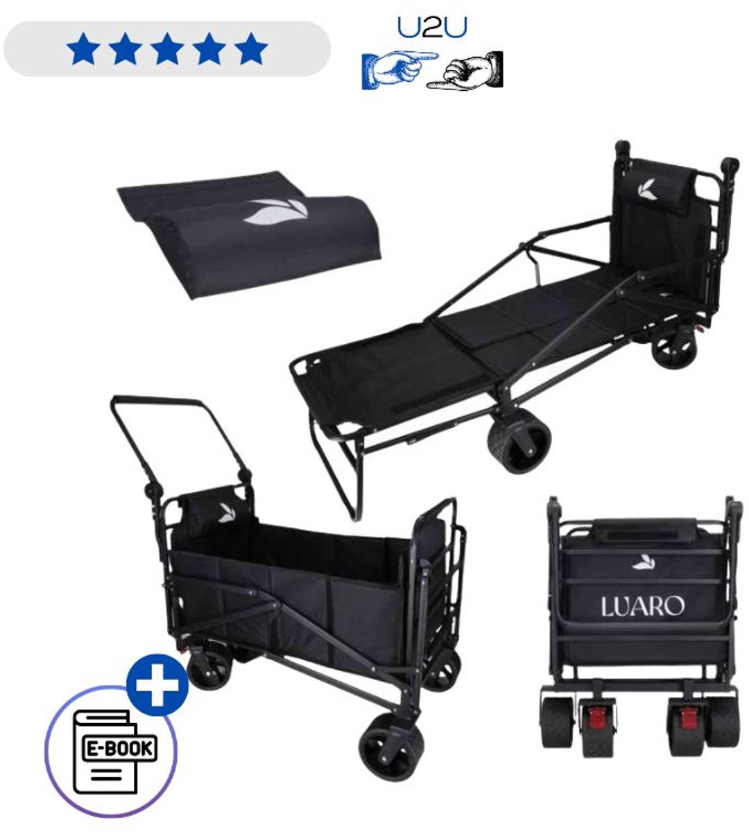 LUARO Opvouwbare Transportkar 2-in-1 Met Ligbed – Camping Trolley Met Grote Wielen Bolderkar En Lounger Opvouwbaar Outdoor Strand Festival Tuin Transportwagen Met Verstelbare Rugleuning 120x64x108 cm Met Ebook