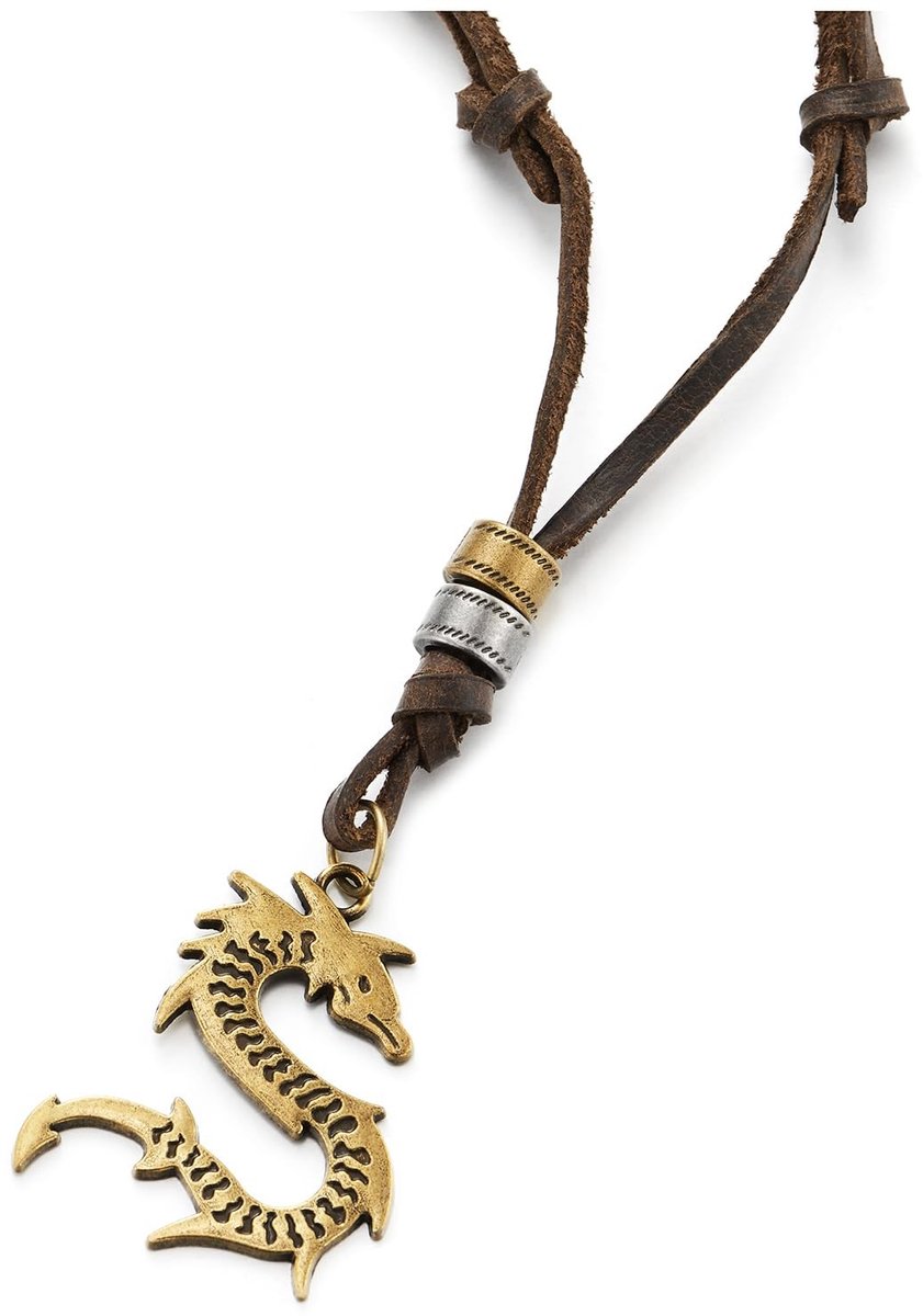 Dailygoody - Gevormde bronzen draak hanger - Leren heren halsketting - Verstelbare bruine leren kabel - Rustiek metalen oppervlak - Unieke stijl - Ges..