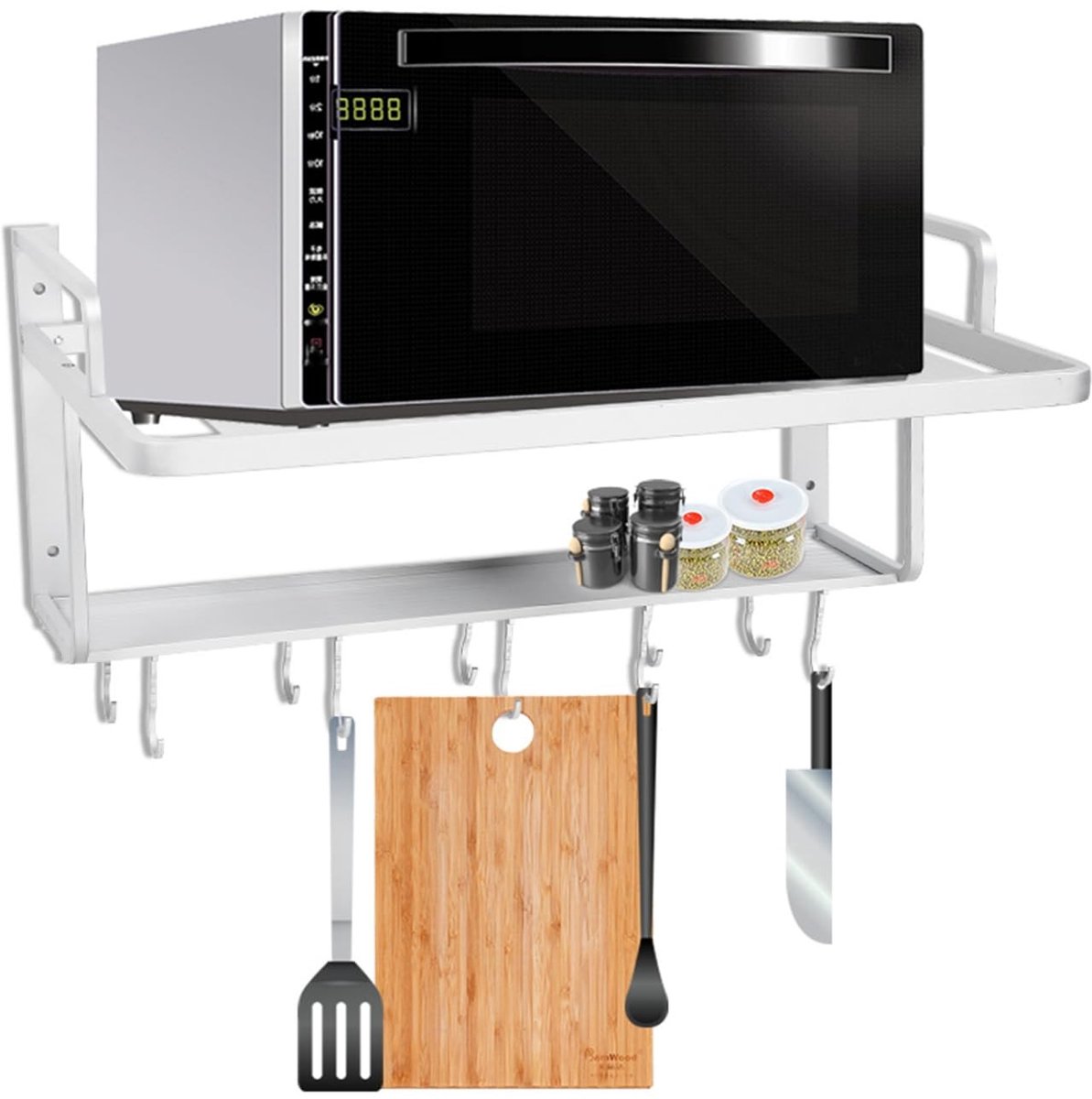 Dailygoody - Zilver Dubbellaags Magnetronrek - Ruimtebesparend - Wandmontage - Keukenopslag Organizer - Aluminiumlegering - 10 Haken - Geschikt voor K