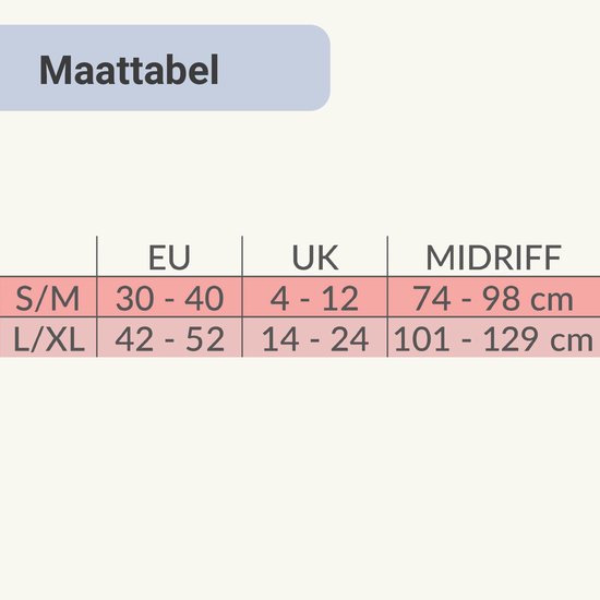 Maattabel voor de Carriwell buikband met EU, UK en Midriff maten.