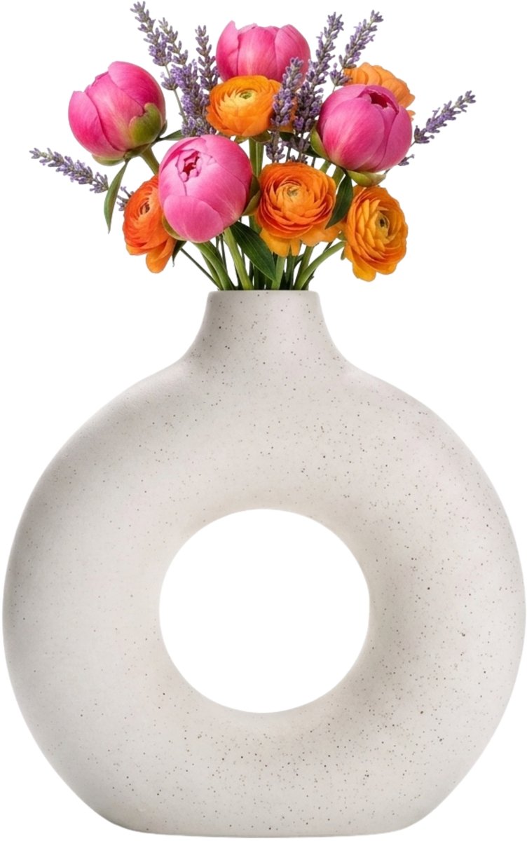 COZELLA® Donutvaas Keramiek – Vaas Rond Cirkel – Droogbloemen Pampasgras – Japandi Woonkamer Decoratie