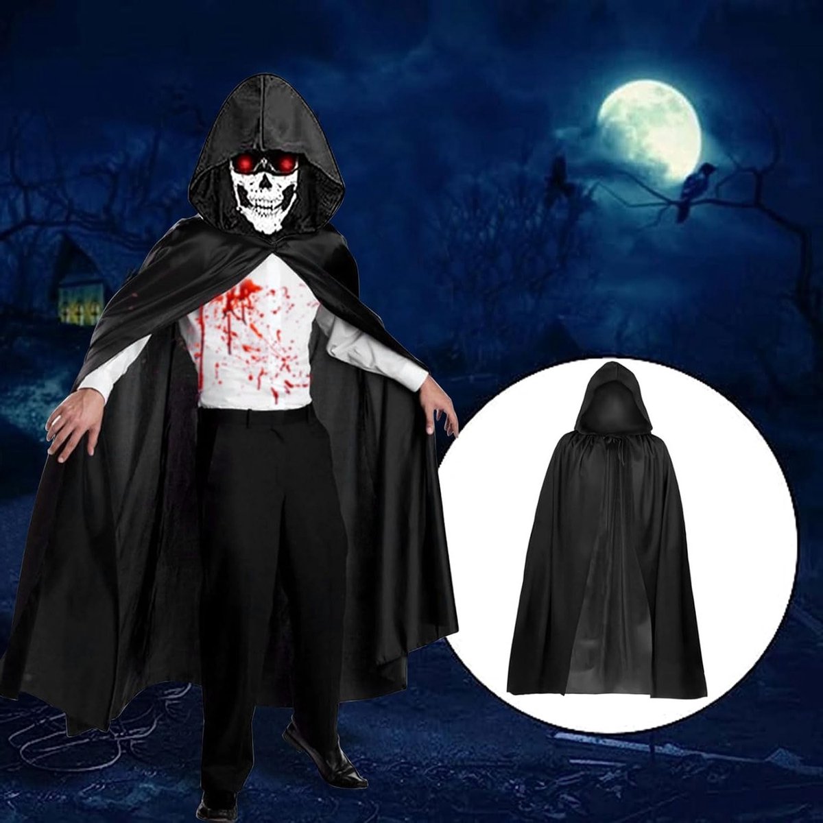 Zwarte Middeleeuwse Vampier Cape voor Kinderen en Volwassenen met Kap en Litteken Stickers voor Halloween Feesten en Cosplay Accessoires